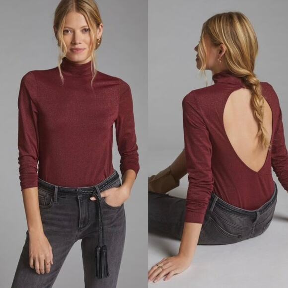 ANTHROPOLOGIE DAILY PRACTICE Shimmer Open Back BodySuit Womens Small Plum NEW - Picture 1 of 16